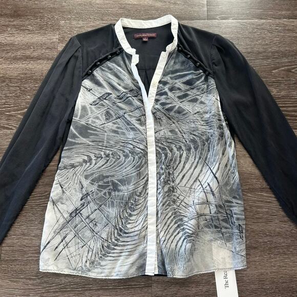 Marchesa Voyage 100% Silk Graphic Print Blouse Sz 4 Black White Long Sleeve VGUC - Picture 4 of 11